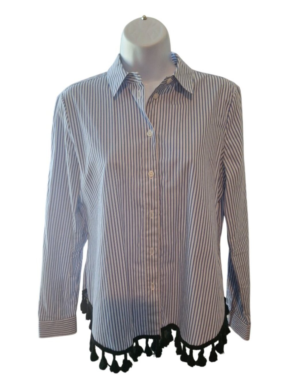 Who What Wear Womens XS Blue White Striped Tassel Hem Shirt Coastal Boho